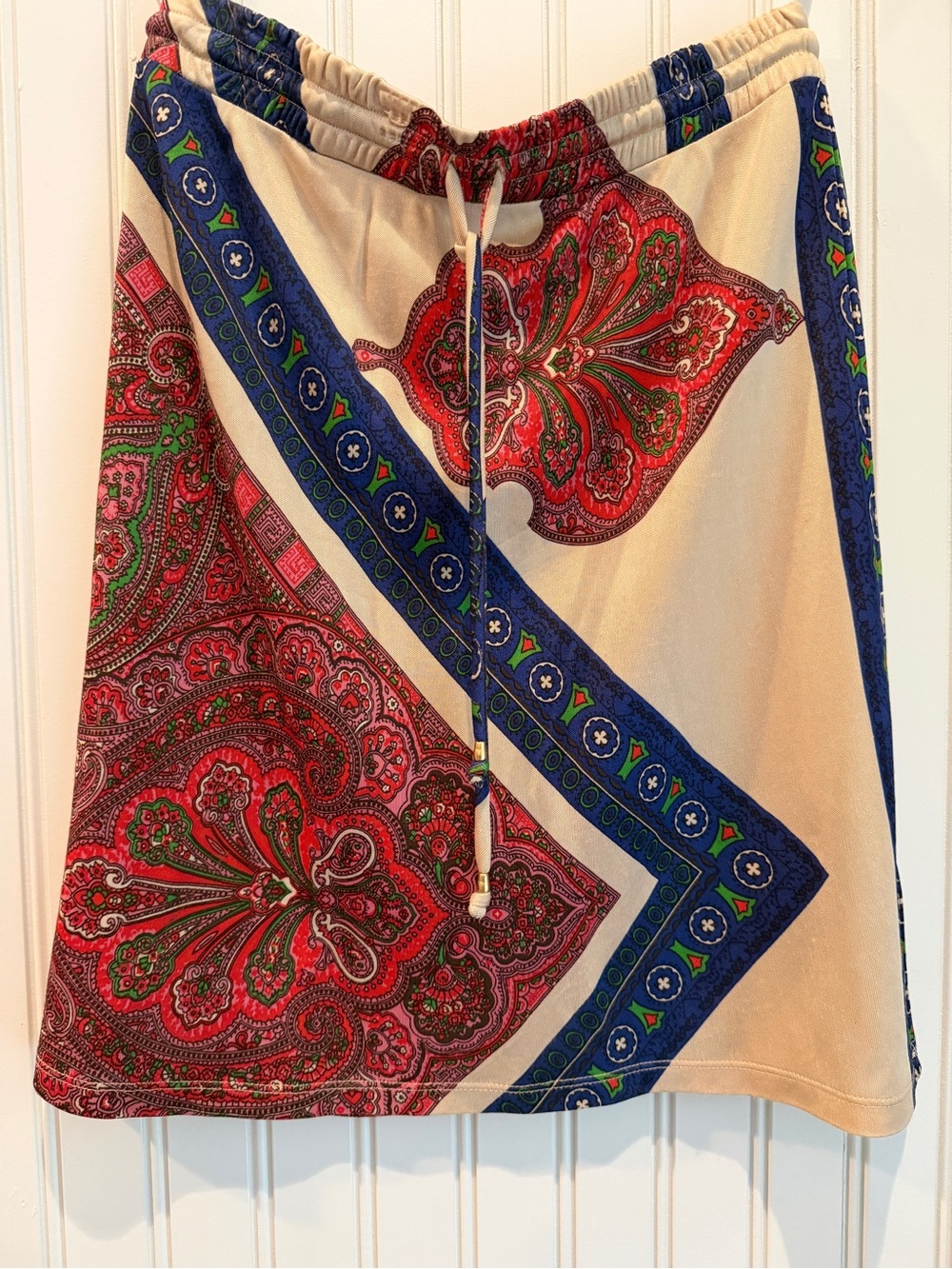 Beige Paisley Print Mini Skirt with Drawstring
